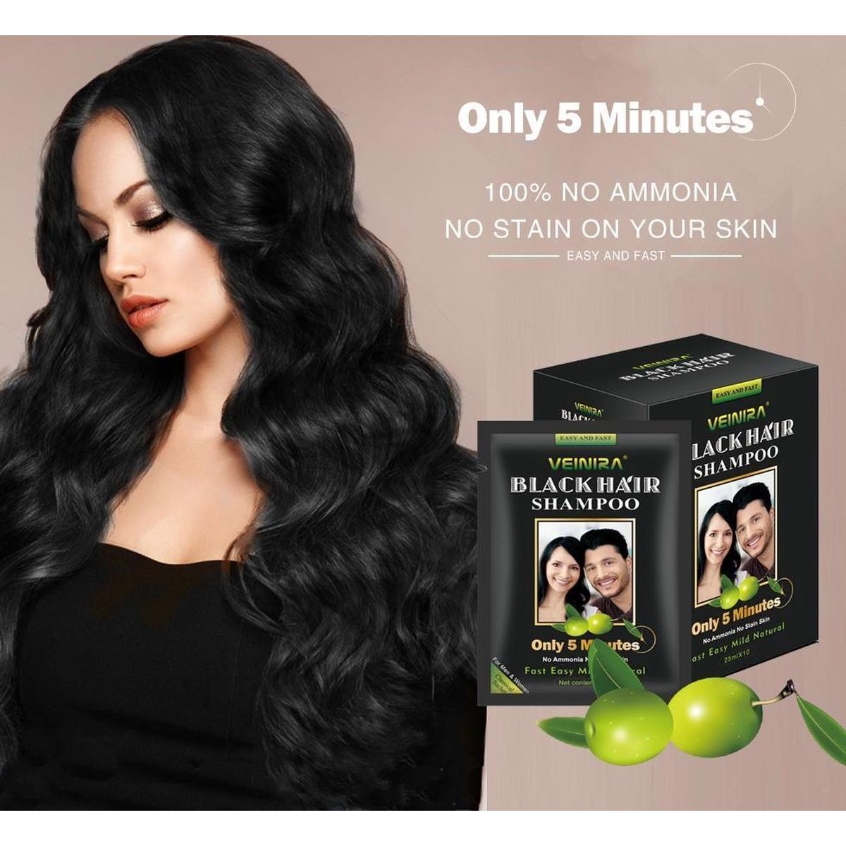Veinira Black Hair Champú - 10 paquetes de 25 ml